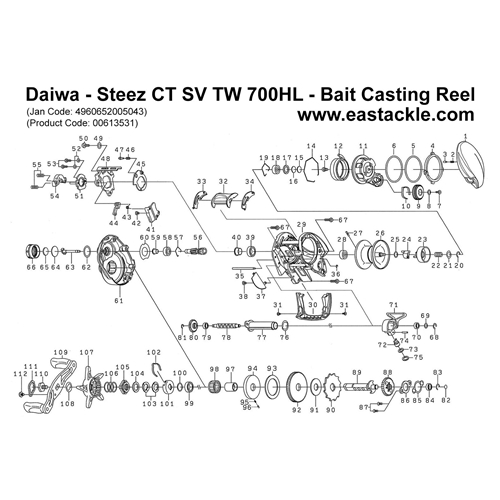 Daiwa - Steez CT SV TW 700HL - Bait Casting Reel - Schematics and Parts | Eastackle
