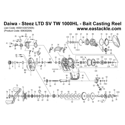 Daiwa - Steez LTD SV TW 1000HL - Bait Casting Reel - Schematics and Parts | Eastackle