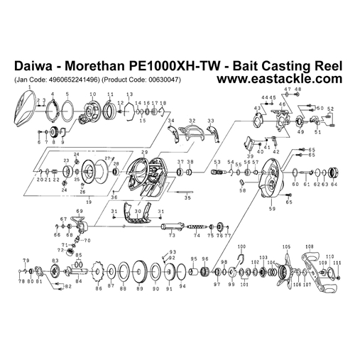 Daiwa - Morethan PE1000XH-TW - Bait Casting Reel - Schematics and Parts | Eastackle
