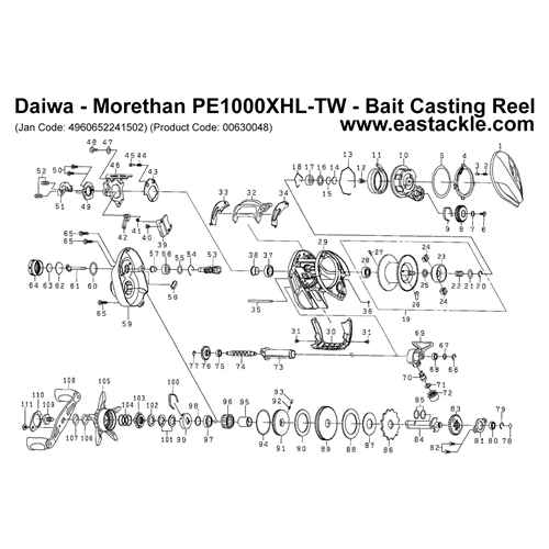 Daiwa - Morethan PE1000XHL-TW - Bait Casting Reel - Schematics and Parts | Eastackle