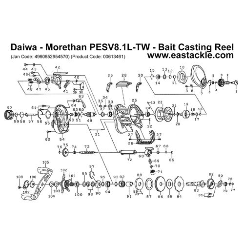 Daiwa - Morethan PESV8.1L-TW - Bait Casting Reel - Schematics and Parts | Eastackle