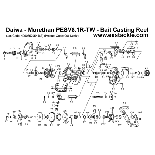 Daiwa - Morethan PESV8.1R-TW - Bait Casting Reel - Schematics and Parts | Eastackle
