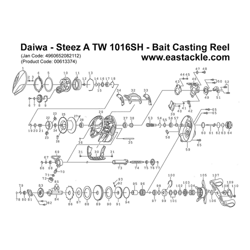 Daiwa - Steez A TW 1016SH - Bait Casting Reel - Schematics and Parts | Eastackle