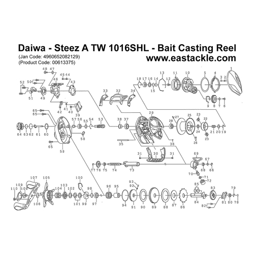 Daiwa - Steez A TW 1016SHL - Bait Casting Reel - Schematics and Parts | Eastackle
