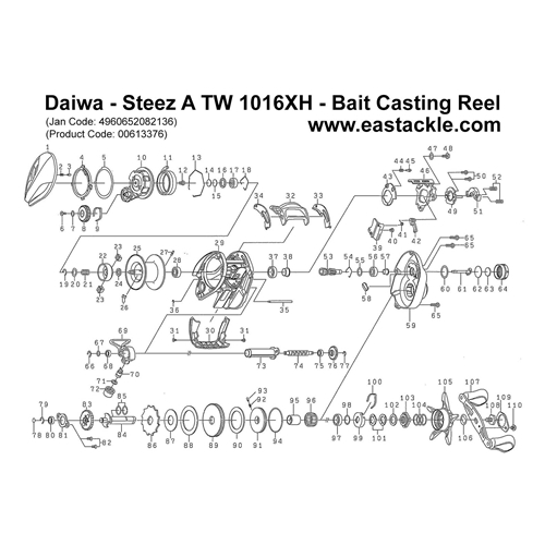 Daiwa - Steez A TW 1016XH - Bait Casting Reel - Schematics and Parts | Eastackle