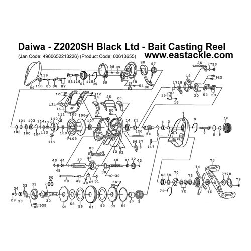 Daiwa - Z2020SH Black Ltd - Bait Casting Reel - Schematics and Parts | Eastackle