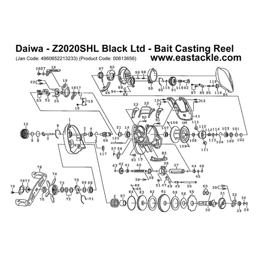 Daiwa - Z2020SHL Black Ltd - Bait Casting Reel - Schematics and Parts | Eastackle