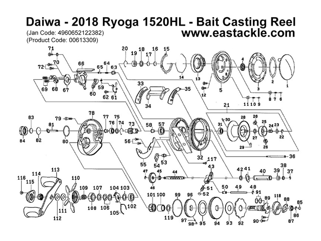 Daiwa - 2018 Ryoga 1520HL - Bait Casting Reel - Part No78 | Eastackle