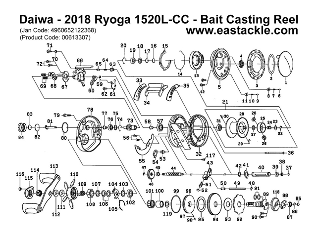 Daiwa - 2018 Ryoga 1520L-CC - Bait Casting Reel - Part No56 | Eastackle