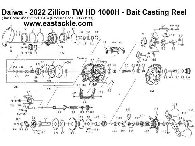 Daiwa - 2022 Zillion TW HD 1000H - Bait Casting Reel - Part No13 | Eastackle