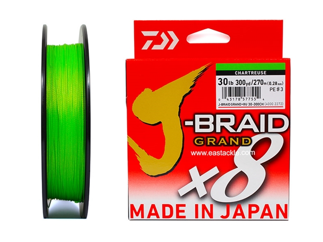 Daiwa - J-Braid Grand x8 - CHARTERUSE 30lbs 300yards - Braided/PE Fishing Line | Eastackle