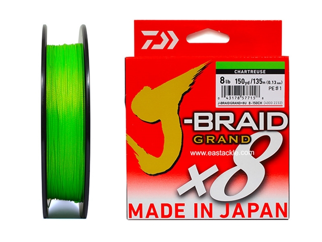 Daiwa - J-Braid Grand x8 - CHARTERUSE 8lbs 150yards - Braided/PE Fishing Line | Eastackle