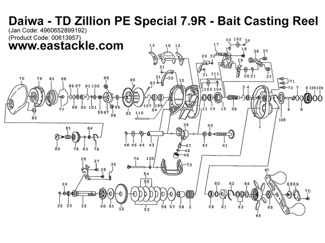 Daiwa - TD Zillion PE Special 7.9R - Bait Casting Reel - Part No100 | Eastackle